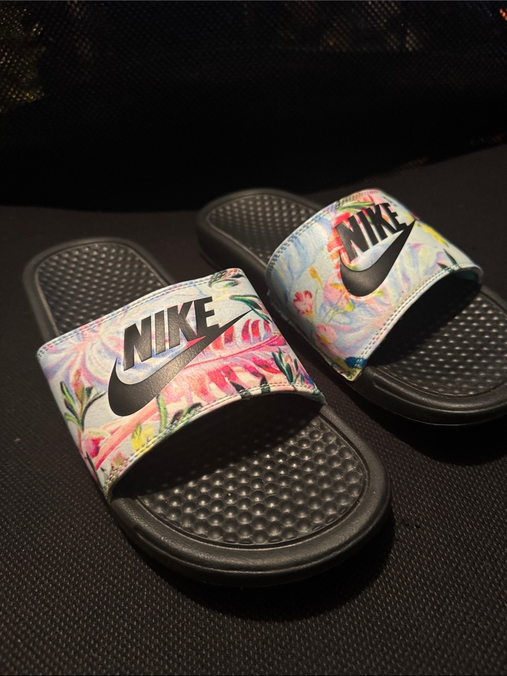 Women’s Nike Black Slide Sandals with Multicolor Floral Strap